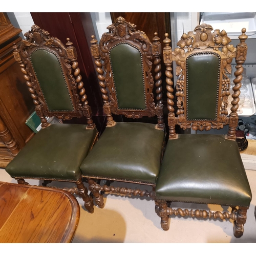 638 - Two 19th century sets of 4 near matching oak dining chairs in the Carolean style, upholstered in gre... 