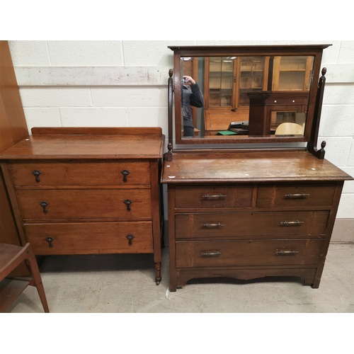 644 - An Edwardian inlaid oak 3 height dressing table; a similar 3 height chest of drawers