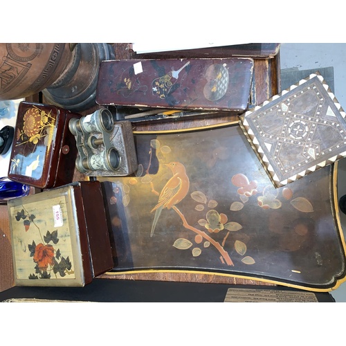 155 - An oriental lacquer tray, similar boxes and a pair of opera glasses