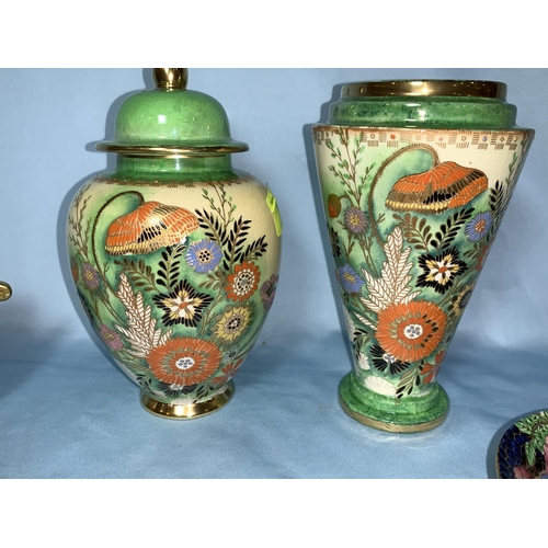 118 - A 1930's Carltonware Art Deco covered vase, similar tapering vase; 3 pieces of Aynsley 