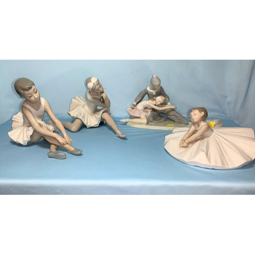 2 - A Lladro ballerina stretching; a Nao similar, a group of 2 ballet dancers and a child ballerina