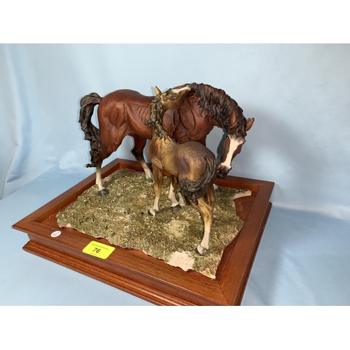 76 - A modern resin sculpture horse & foal monogrammed GA on wooden plinth