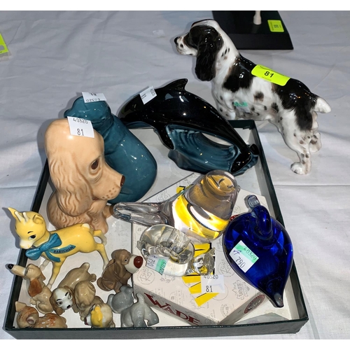 81 - A Royal Doulton setter; a Poole dolphin and seal; a Sylvac dog; a selection of Wade Whimsies and oth... 