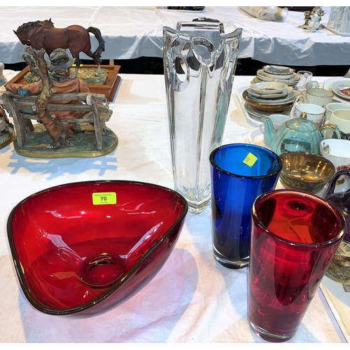 70 - 4 pieces of coloured Whitefriars glass & a modern crystal vase