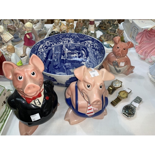 12 - A Copeland Spode bowl, 3 Wade pigs, 3 watches and other collectables