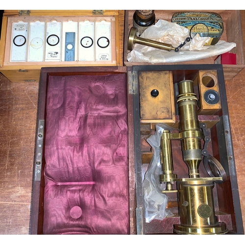 761 - A NACHE et FILS 19th century brass pillar microscope, mahogany case, a slide box with a few slides