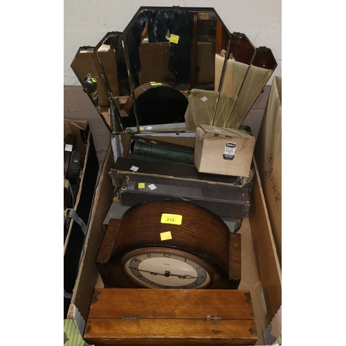 218 - A chiming mantle clock; a wall mirror; 6 pianola rolls; 4 vintage ink bottles etc