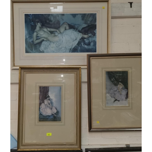 222 - After Sir William Flint an artist signed print of a reclining woman; 2 similar unsigned prints