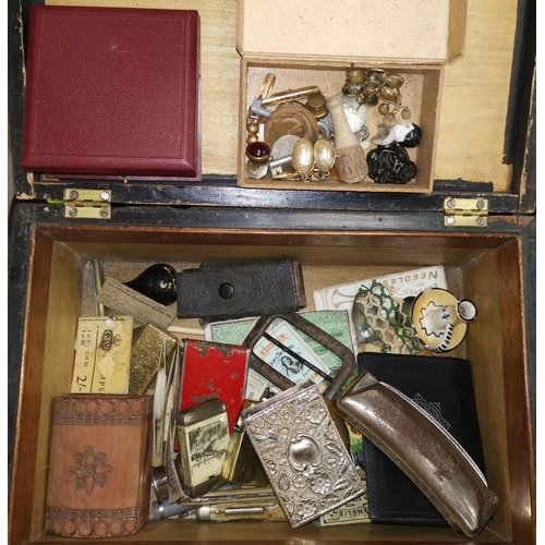 227 - A wooden box and vintage contents including a silver matchbox case and a Rotary medal