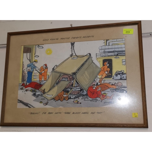 233 - A framed Cartoon of an industrial accident by Tugg; 3 similar cartoons from various artists etc

NO ... 