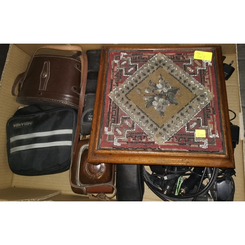 247 - A beadwork & mahogany square rest; a selection of binoculars and cameras