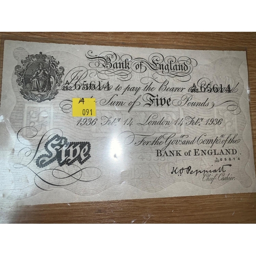 437 - A GB Bank of England white £5 note PEPPIATT Chief Cashier, dated 1936