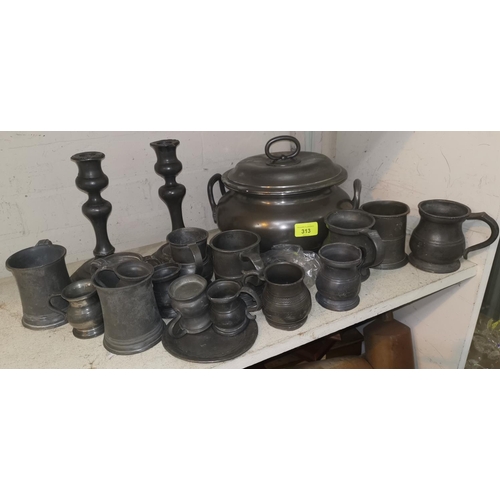 313 - A large pewter soup tureen and a selection of pewter tankards etc