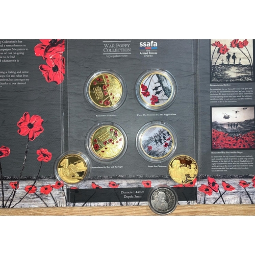 479 - War Poppy collection SSFA medal 5x4, Piedfort 2 dollar pieces, Churchill 2/6