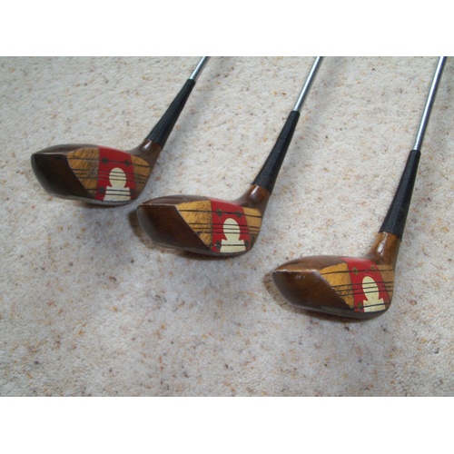 796 - Set of 3 McGregor Keyhole Persimmon golf woods  
No 1 3 5 Clubs Louis Suggs