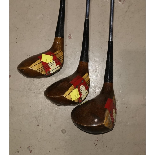 796 - Set of 3 McGregor Keyhole Persimmon golf woods  
No 1 3 5 Clubs Louis Suggs