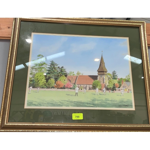 799 - BRIAN T. WILLIAMS - pen and watercolour, Village Green Cricket Match, signed 29 x 39cm framed