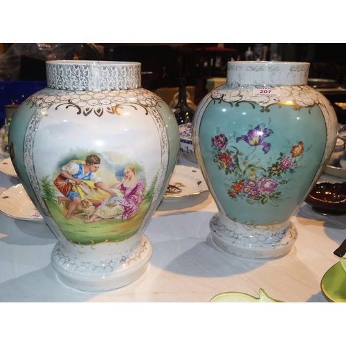 251 - A pair of Vienna style porcelain vases with panelled decoration after Bouchet, 32 cm (some hairline ... 