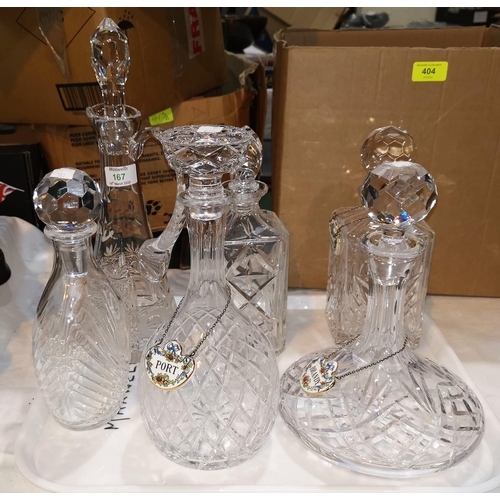 167 - A cut claret jug; crystal decanters; 2 glass and silver plate pie slices