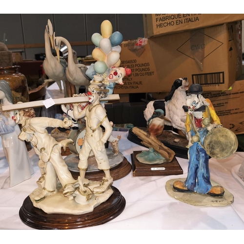 168 - Three signed resin figures of clowns; other resin groups