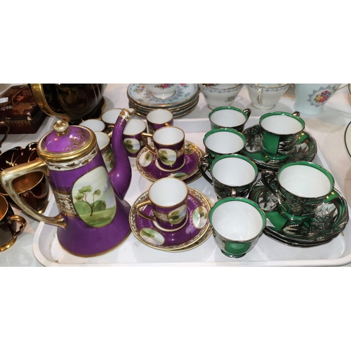 173 - A Noritake 15 piece coffee set in purple and gilt with hand painted landscape vignettes; a Noritake ... 