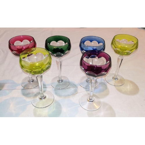 177 - A set of 6 coloured hock glasses, overlaid and cut back (1 rim chip)