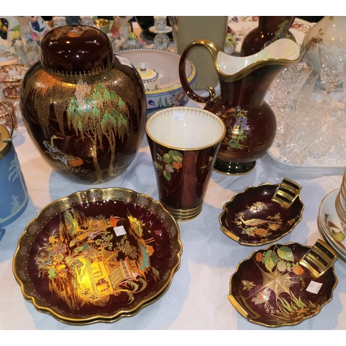 185 - Seven pieces of Carltonware Rouge Royale:  a large ginger jar, 28 cm; a jug, 24 cm; a vase; 2 pairs ... 