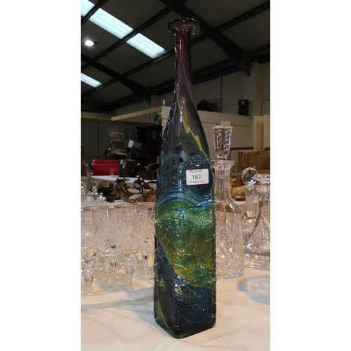 193 - A Mdina glass bottle vase, square section wit slender neck, engraved signature, dated 1975, 46 cm