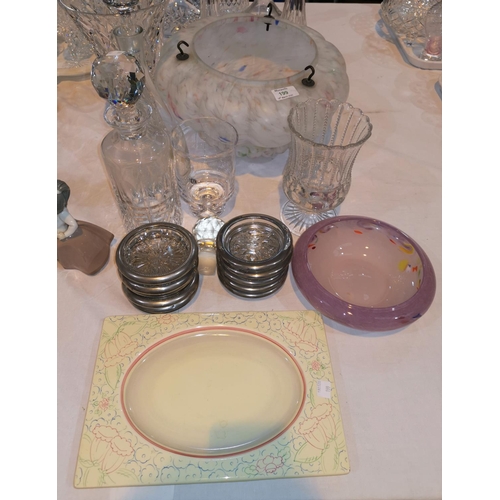 199 - A 1920's spatter glass light bowl; a selection of glassware; a Clarice Cliff rectangular plate