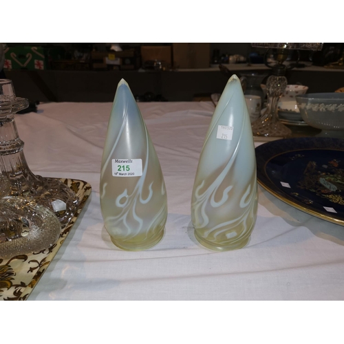 215 - A pair of Art Nouveau Vaseline glass light shades of elongated form; other glassware