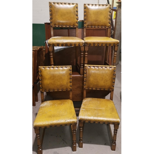 559 - A 1930's drop leaf dining table with 'D' end; a set of 4 Cromwellian style dining chairs in studded ... 