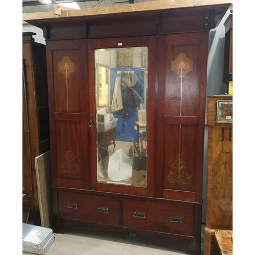 570 - An Edwardian mahogany 2 piece bedroom suite with Art Nouveau inlay, comprising mirror door wardrobe ... 