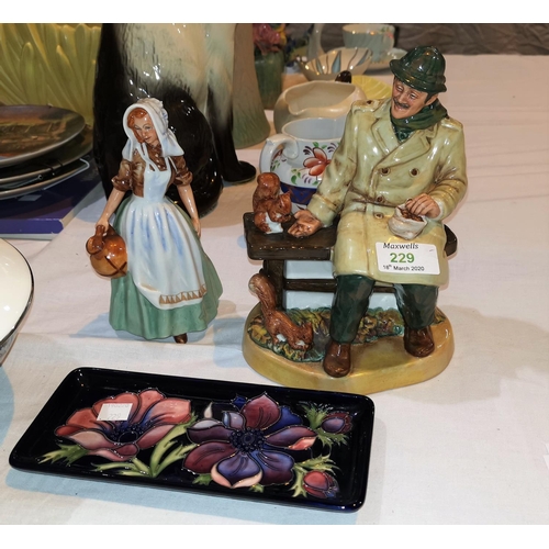 229 - Two Royal Doulton figures:  Lunchtime & Milkmaid; a Moorcroft dish