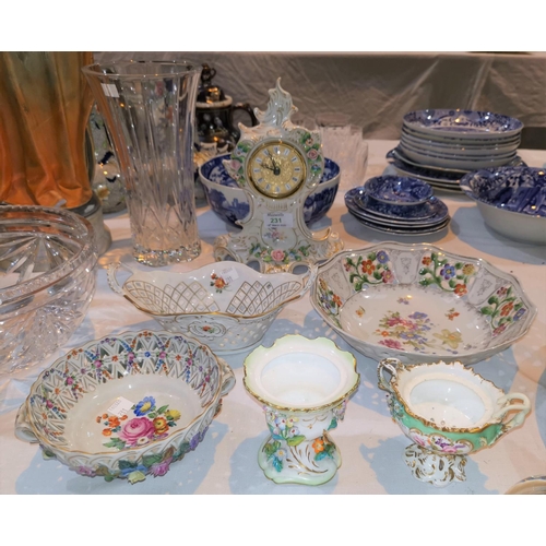 231 - A Czechoslovakian china fruit bowl decorated in the Dresden manner; a similar clock; 4 other pieces