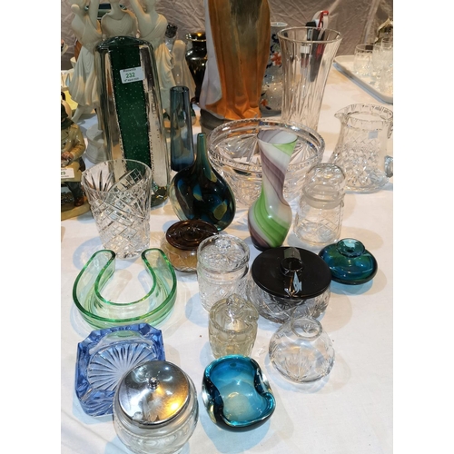 232 - A section of coloured cut glass:  a large bubble vase; a Mdina style glass dish; etc.