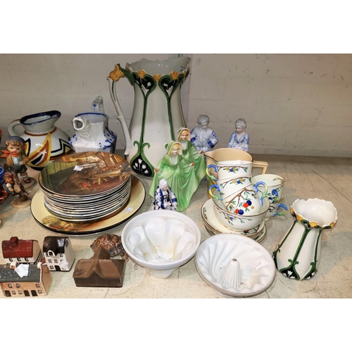 269 - An Art Nouveau ewer; a pair of Art Deco figures; 2 jelly moulds; a set of 12 Wind in the Willows, co... 