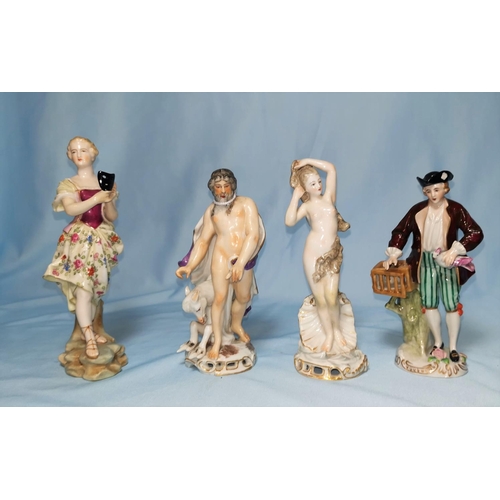 272 - Four 19th century Meissen / Dresden figures, naked Zeus with Satyr, height 14cm (finger a.f.), Aphro... 