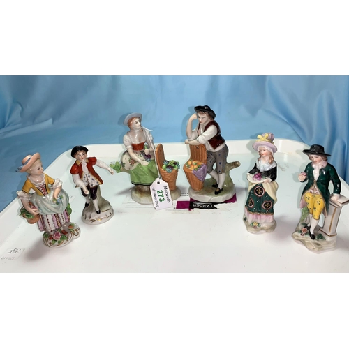 273 - Two pairs of Meissen style figures: 18th century man and woman with baskets of flowers, height 13cm ... 