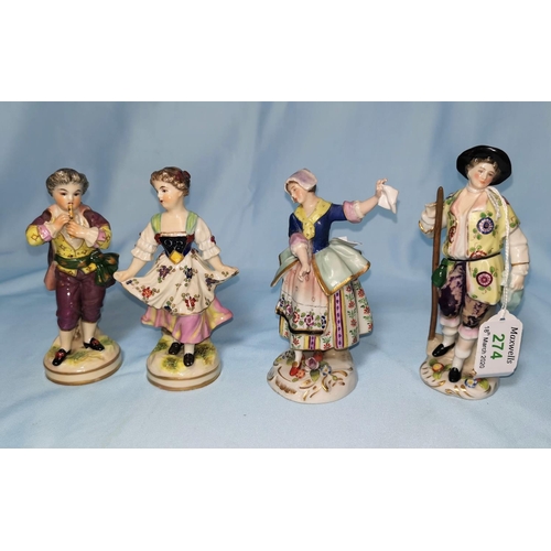 274 - A pair  of 19th century Capodimonte figures in 18th century dress: woman dancing and man with stick,... 