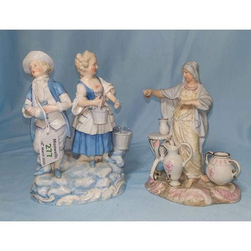 277 - A 19th century Dresden style blue and white group of 2 children in 18th century dress, height 17cm; ... 