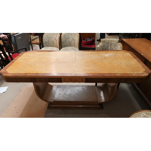 599 - A bird's eye maple Art Deco dining suite with walnut crossbanding, comprising shaped rectangular tab... 