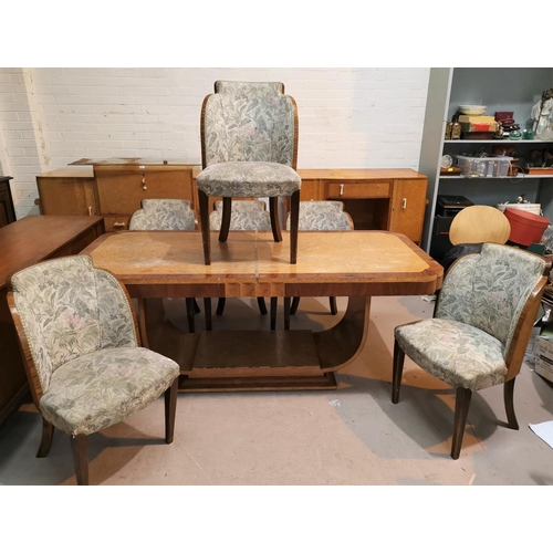 599 - A bird's eye maple Art Deco dining suite with walnut crossbanding, comprising shaped rectangular tab... 