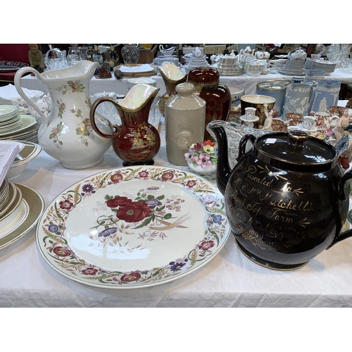 182 - A Crown Devon red lustre jug; a Victorian large presentation teapot; decorative china/glass