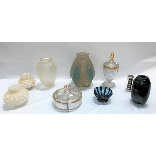 173 - Two Art Deco frosted glass vases; other glassware