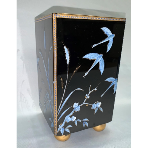 193 - A Victorian black glass square vase painted with birds and flowers, height 16.5 cm; 4 pieces of Mary... 
