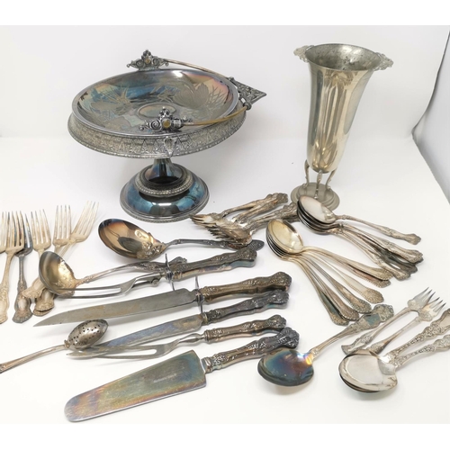 336 - A late 19th century  of silver plated ornate pedestal fruit stand; a quantity of EPNS ornate cutlery... 