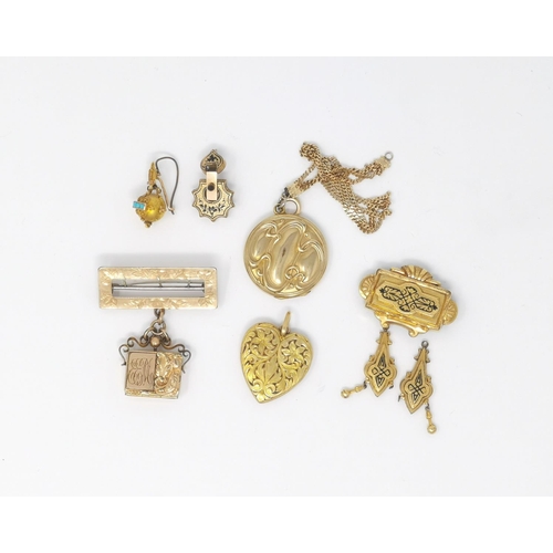 346 - A Victorian enamelled gilt metal brooch with pendant drops; other similar pieces