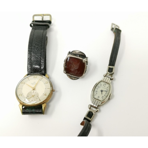 348 - A ladies Waltham Art Deco watch; a gents Smiths watch; a signet ring stamped 'Sterling'