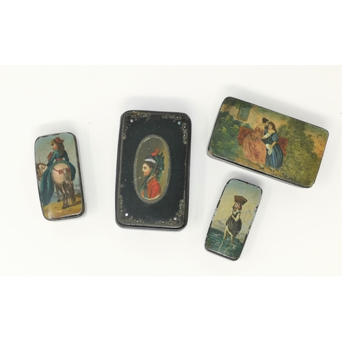 412 - Four 19th century black lacquer snuff boxes, each with panted depictions of women, 5.5 - 8.5 cm