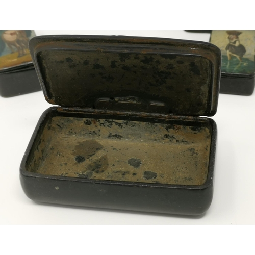 412 - Four 19th century black lacquer snuff boxes, each with panted depictions of women, 5.5 - 8.5 cm